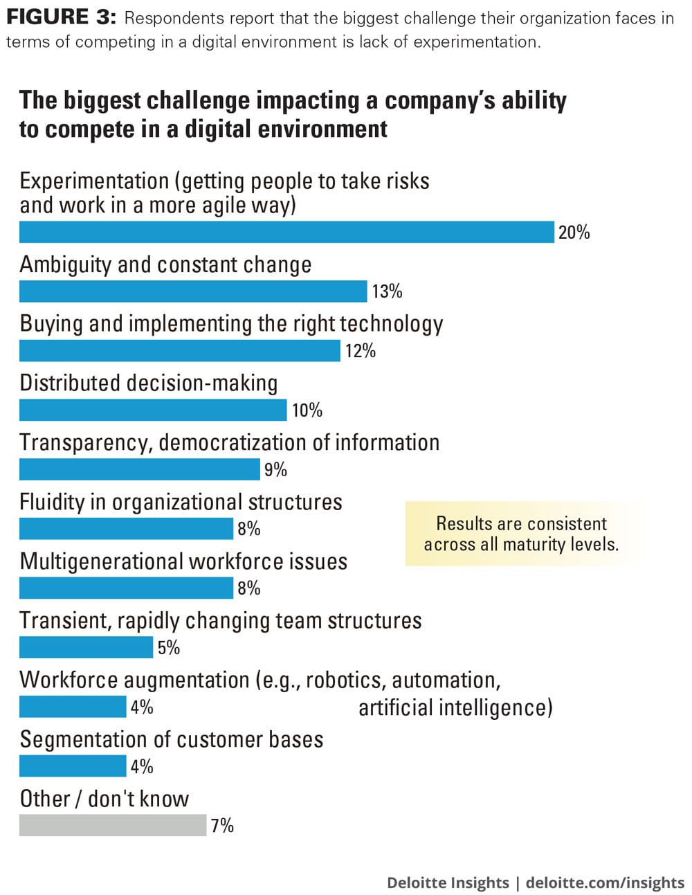 Respondents report that the biggest challenge their organization faces in terms of competing in a digital environment is lack of experimentation.