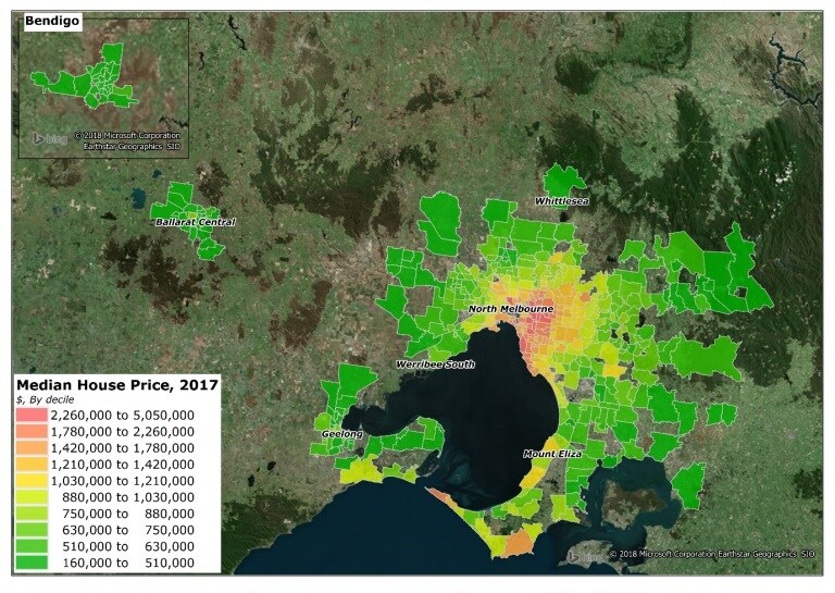 Map 1: Median house price by suburb, 2017 -  Data source: Valuer General of Victoria.