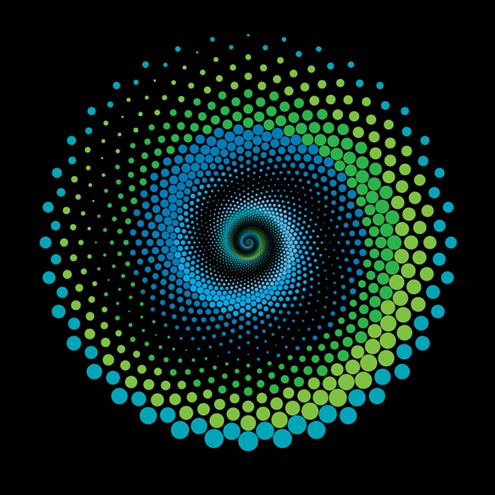 green and blue dots in a swirl