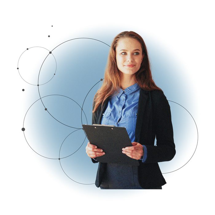 Woman holding a tablet with circles backdrop