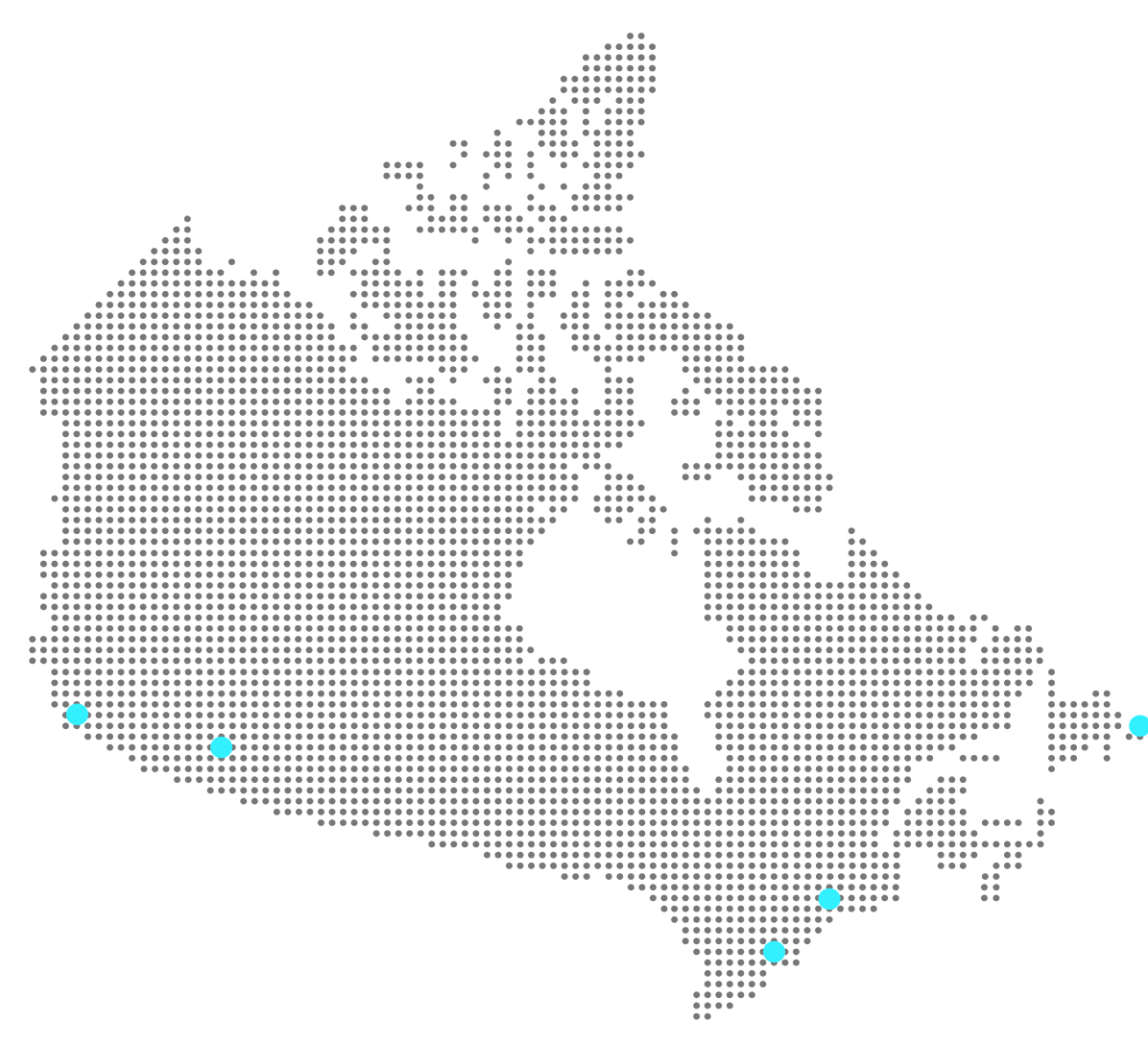 Une carte du Canada sur laquelle on peut voir les bureaux de Deloitte Digital à Vancouver, Calgary, Toronto, Montréal et St. John’s.
