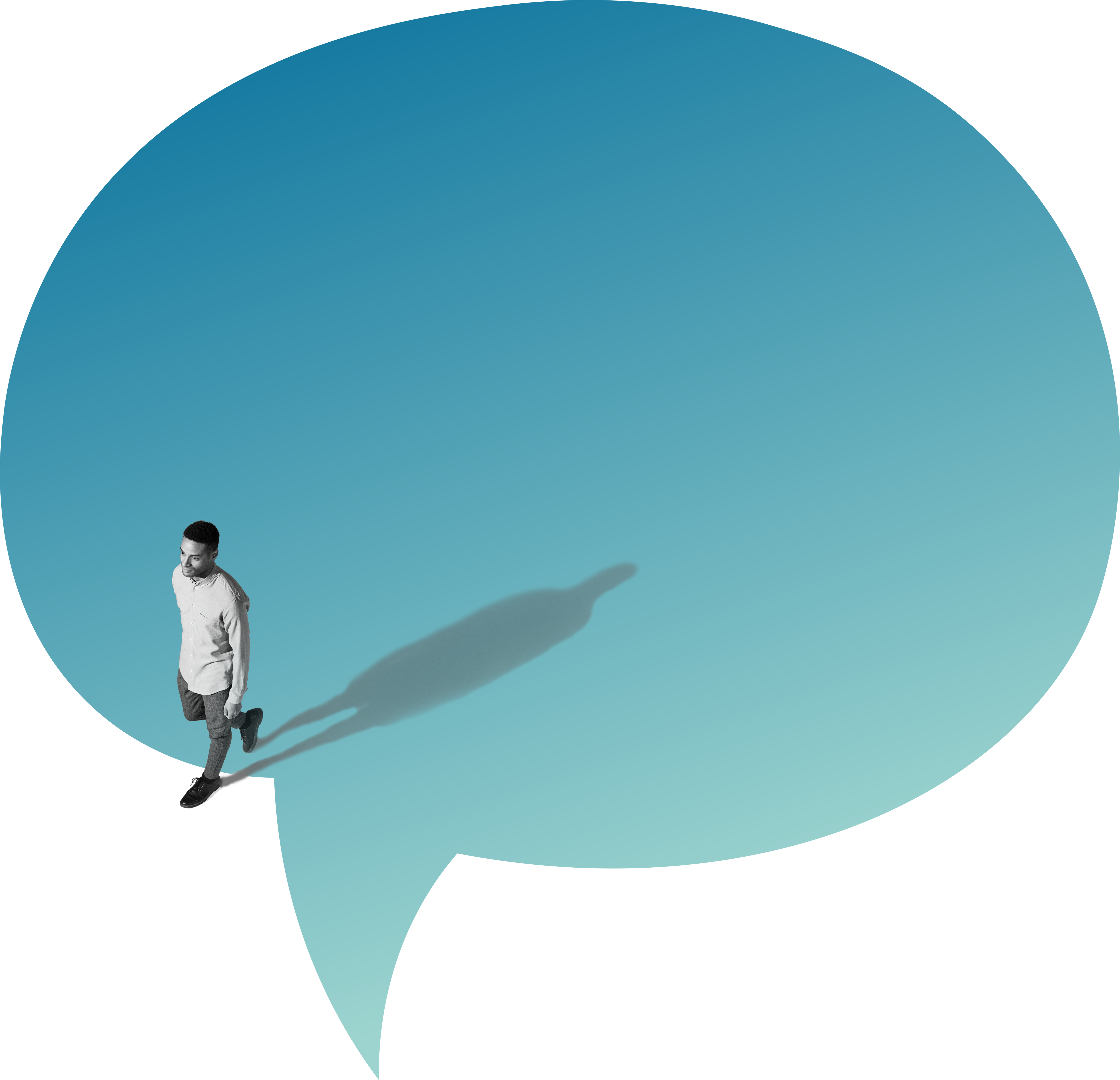Person walking over a blue speech bubble