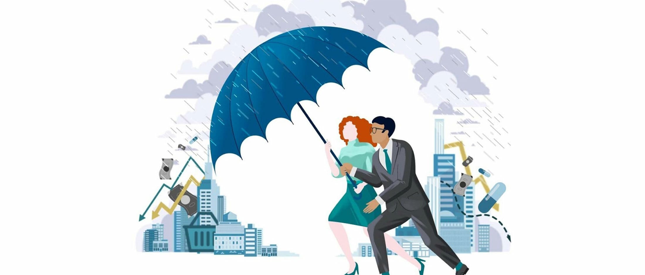 Frau und Mann - Avatare - unter einem grossen blauen Schirm