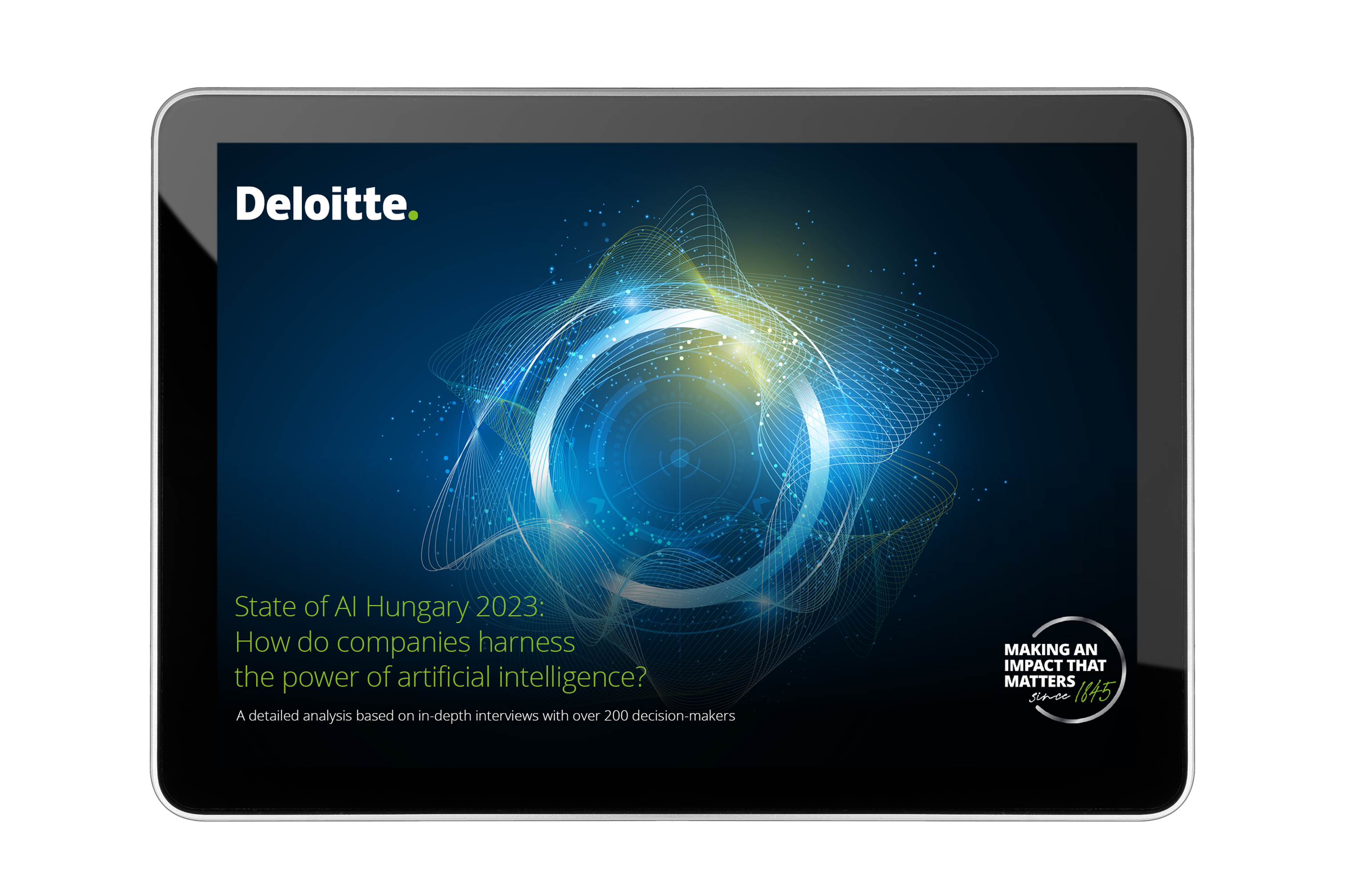 Ipad screen of the cover of Deloitte Hungary's Artifical Intelligence research study