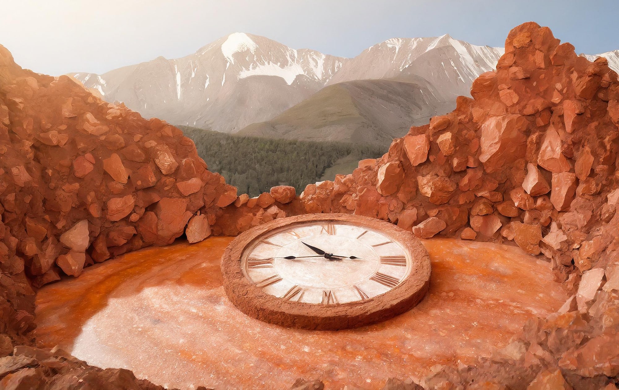 clock in a rock formation landscape