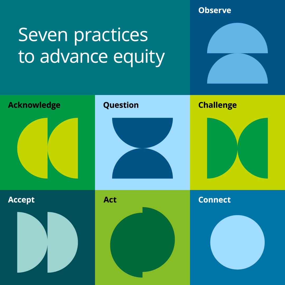 Seven practices to advance equity: observe, acknowledge, question, challenge, accept, act, connect.