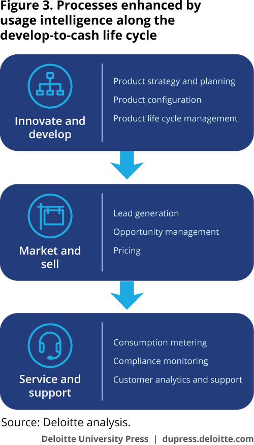 Processes enhanced by usage intelligence along the develop-to-cash life cycle