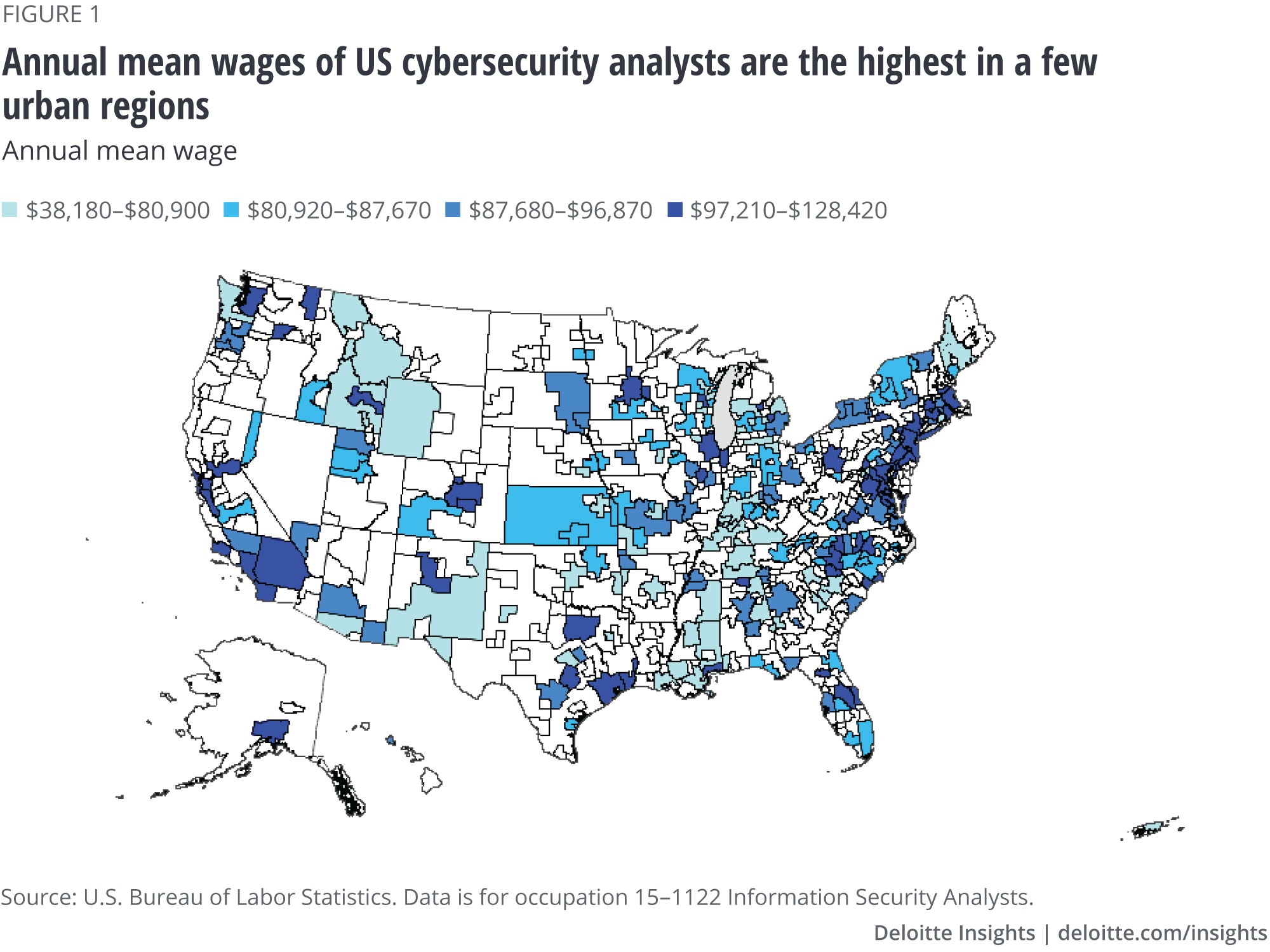 Annual mean wages of US cybersecurity analysts are the highest in a few urban regions